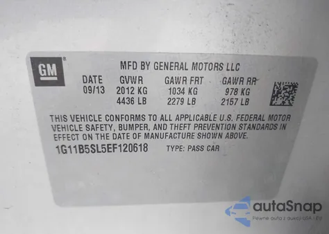 2014 Chevrolet Malibu 1Ls z USA, uszkodzony, nr VIN 1G11B5SL5EF120618